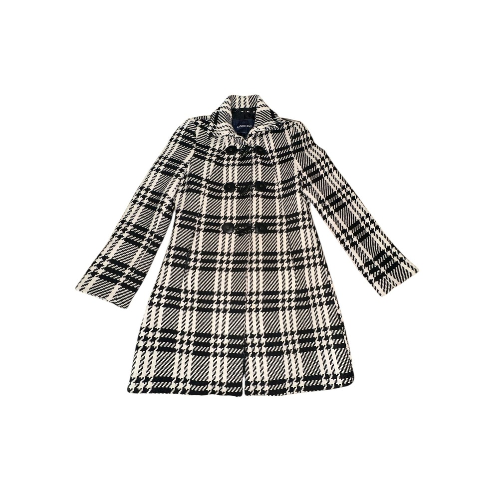 Lands End Coat Womens Size 2 Black White Houndstooth Toggle Wool Blend